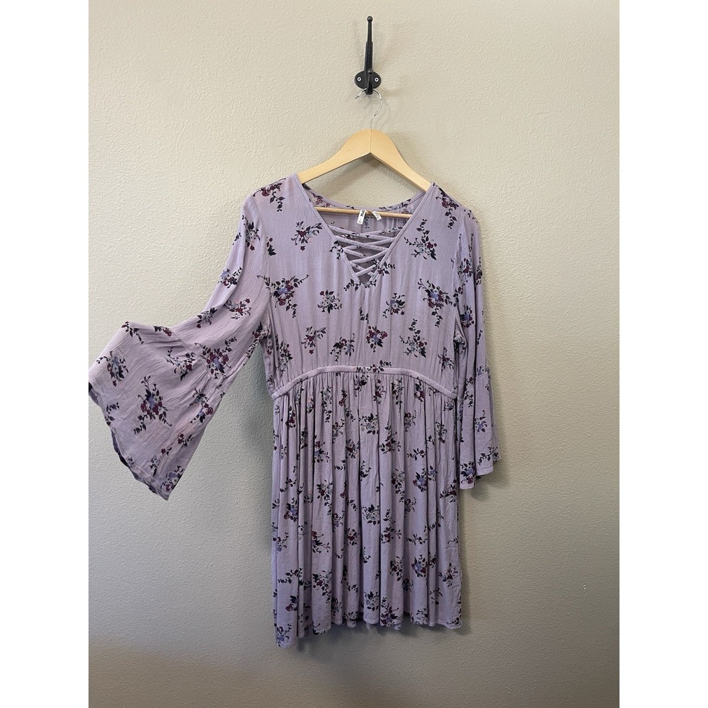 Mudd Romantic Y2K‎ Floral Dress Tulip Sleeve Flowy Purple Short Coquette Size L